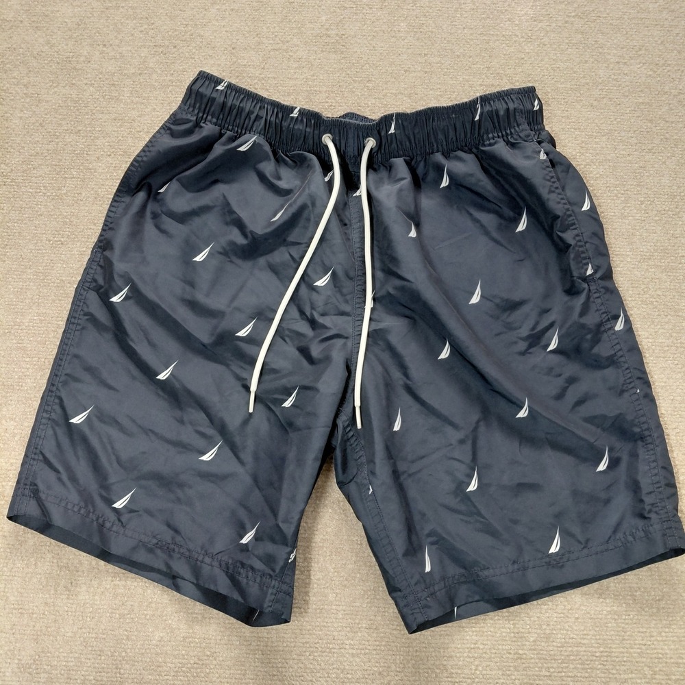 Nautica Men's Swim Trunks Navy Blue All Over Logo Size MEDIUM Pockets Lined